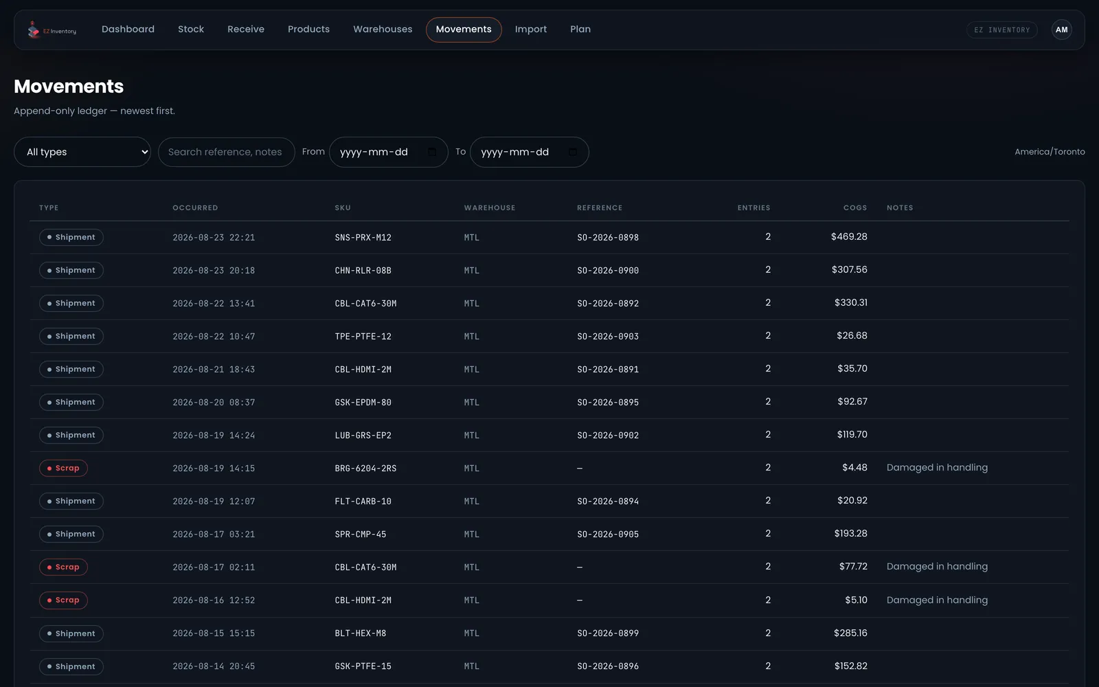 EzInventory movements page: an append-only ledger of receipts, shipments and scrap with per-movement cost of goods